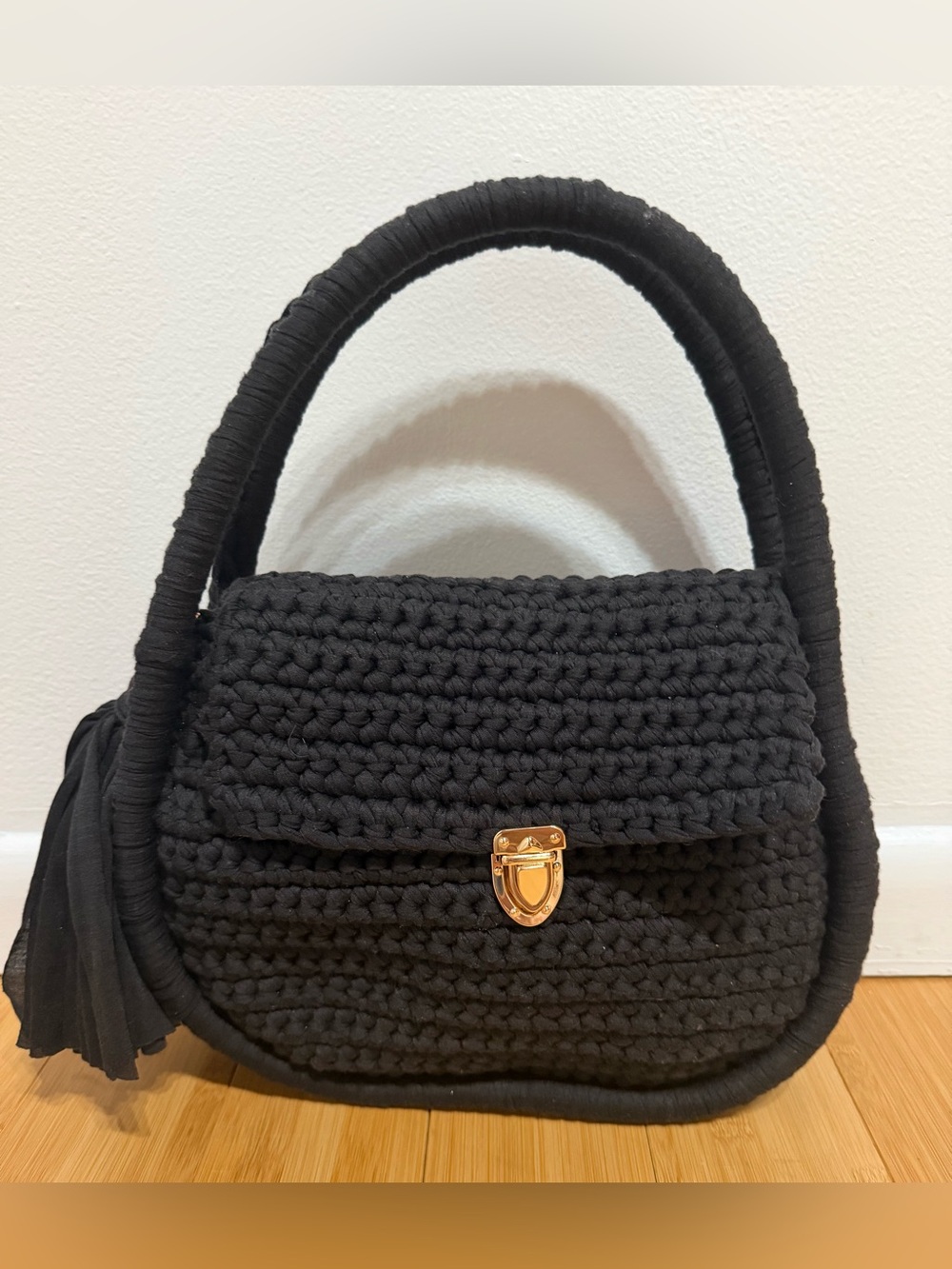 New Handmade Black Crochet Women's Purse Bag Handle Handbag tassel clasp closure